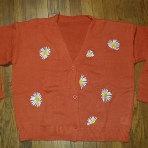 Tangerine Orange Cardigan with White Daisies